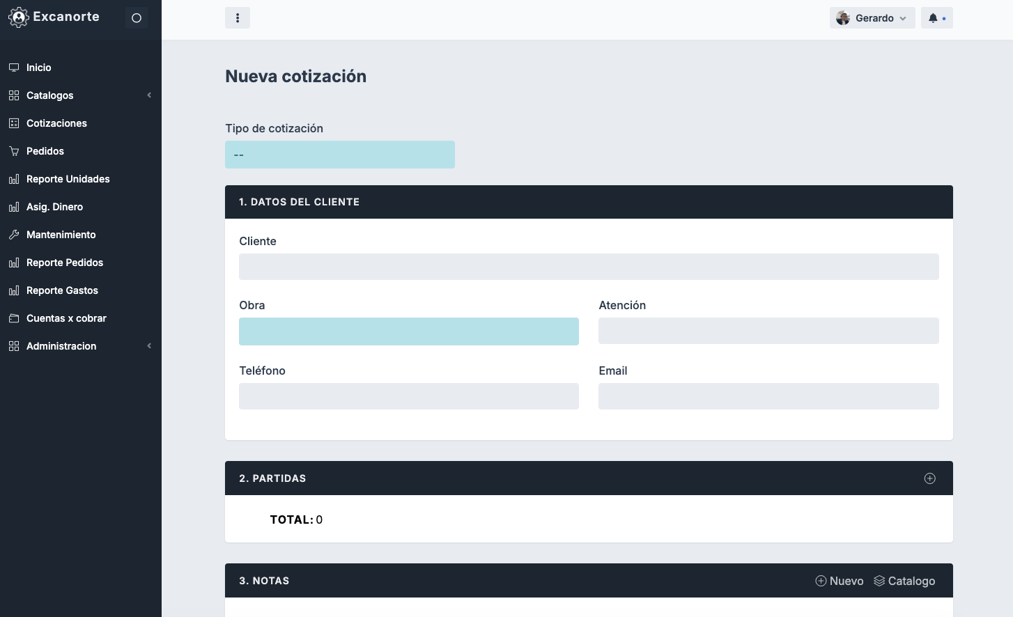 Formulario de nueva cotización de Excanorte
