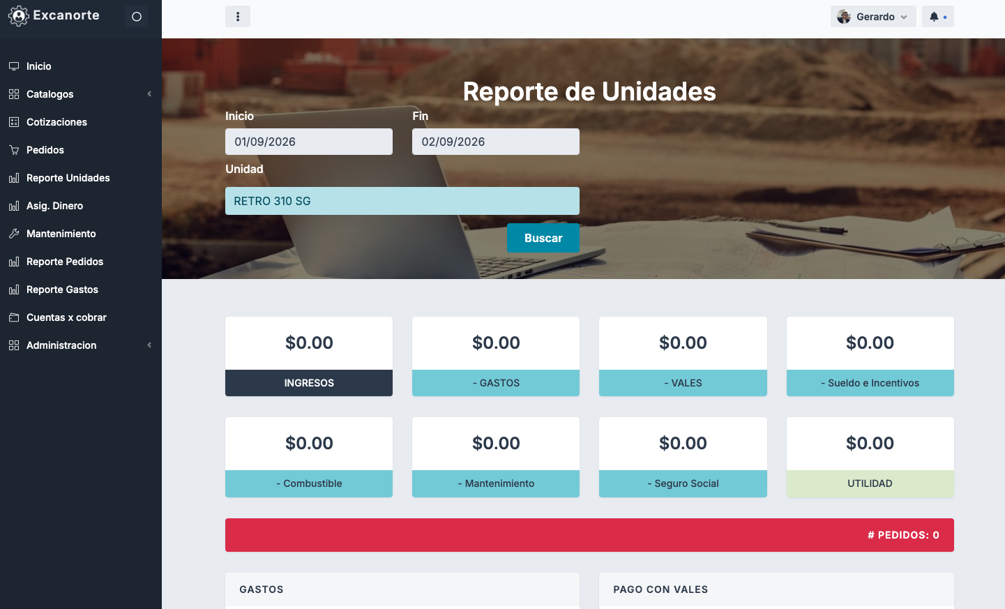 Reporte por unidad de Excanorte con ingresos y conceptos de gasto