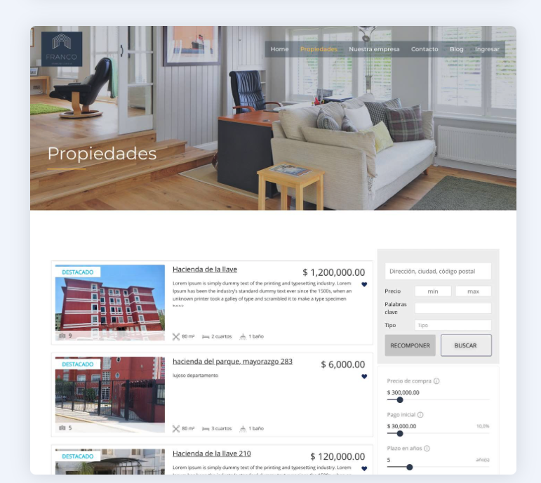 Listado de propiedades de Inmobiliaria Franco con filtros laterales