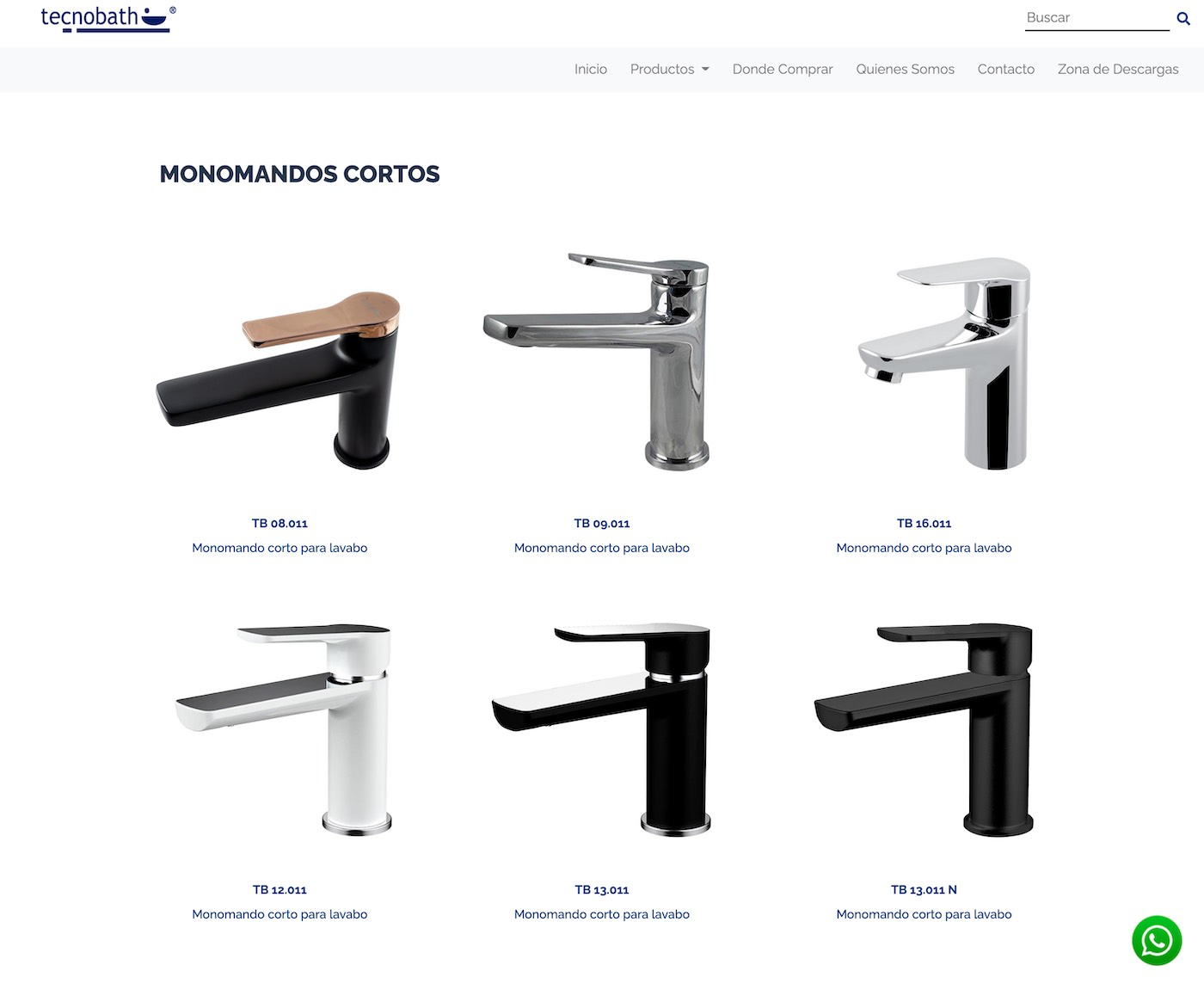 Catálogo de monomandos cortos de Tecnobath con seis modelos