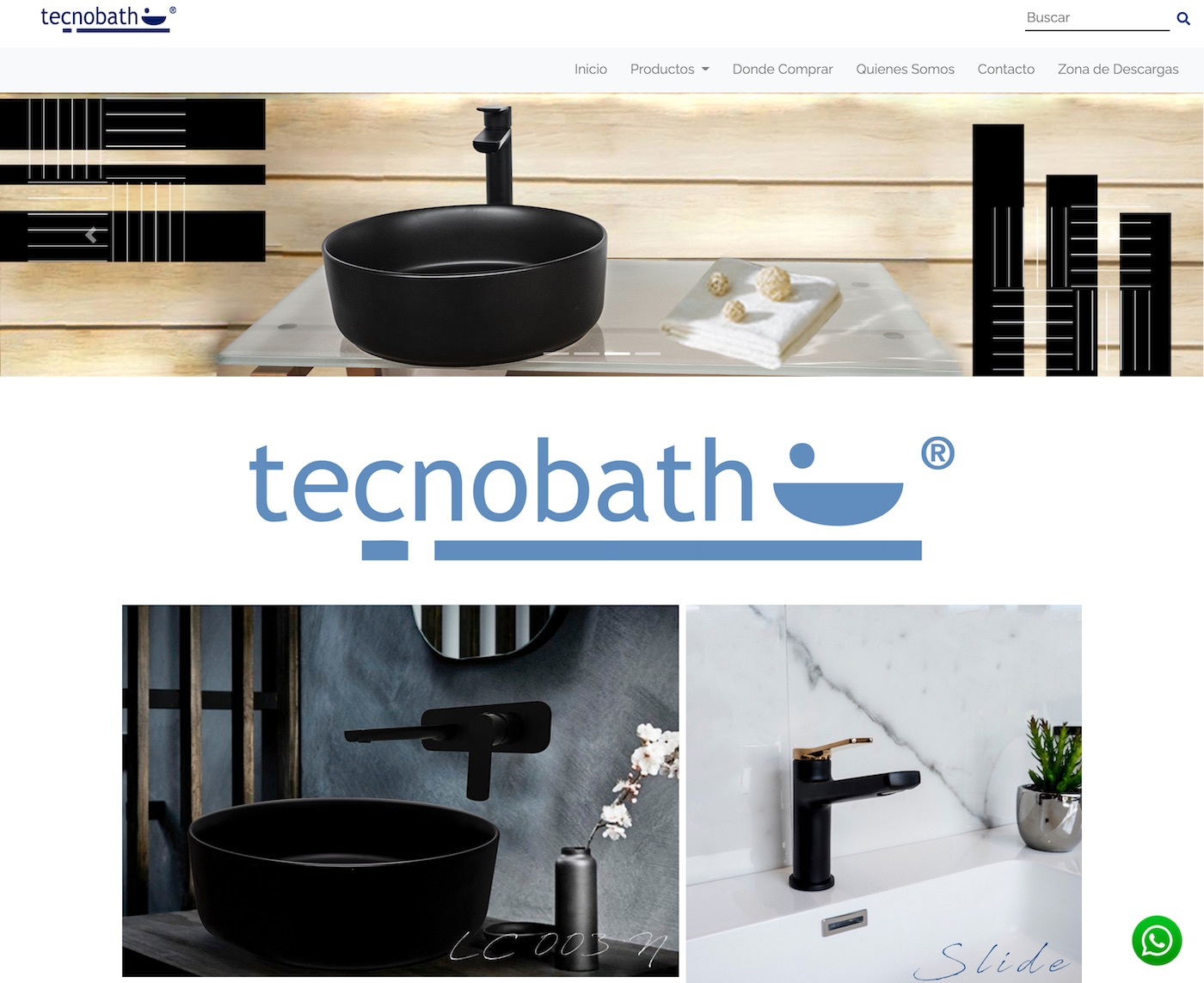 Portada de Tecnobath con lavabo negro y fotografías de productos
